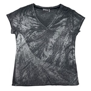 Tina Stephens Italy Metallic Foil T-Shirt Women Silver Grey M/L Excellent V-Neck